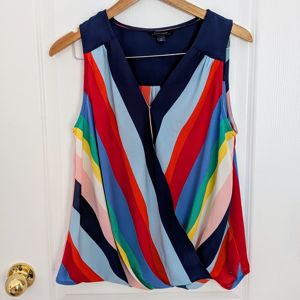 Tommy Hilfiger Sleeveless Crossover Blouse – Multicolor Nautical Stripes #230
